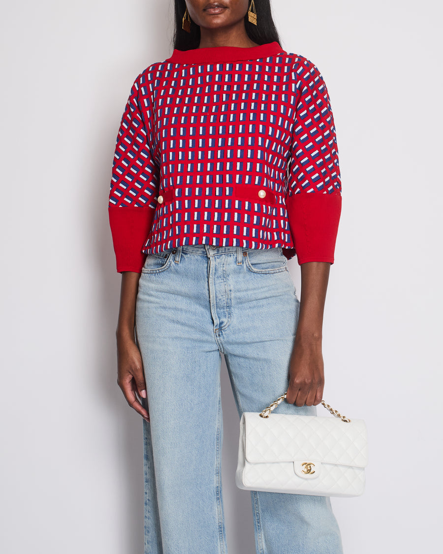 Chanel SS13 Red Knit Jumper with Pearl Pockets & Blue and White Window Detail Size FR 36 (UK 8)