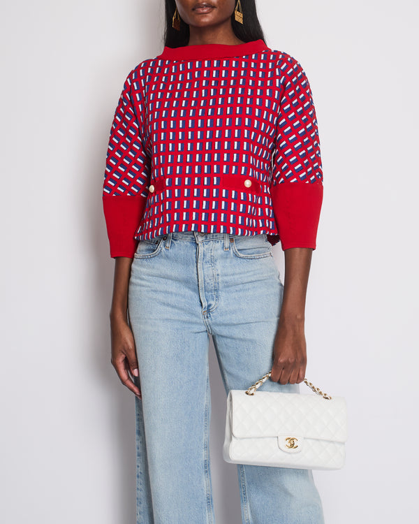 Chanel SS13 Red Knit Jumper with Pearl Pockets & Blue and White Window Detail Size FR 36 (UK 8)