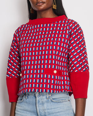 Chanel SS13 Red Knit Jumper with Pearl Pockets & Blue and White Window Detail Size FR 36 (UK 8)