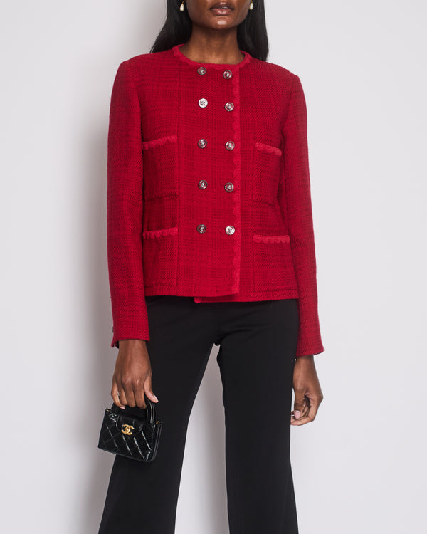 Chanel Red Tweed Long Sleeve Double Breasted Jacket with Lion Button Details Size FR 40 (UK 12)