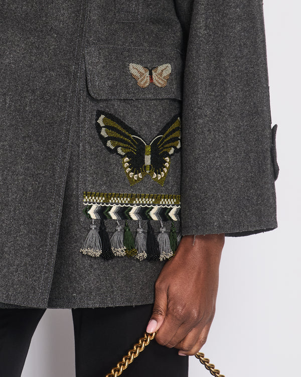 Valentino Charcoal Double Breasted Wool Coat with Butterfly Beaded Embellishment Size IT 38 (UK 6)