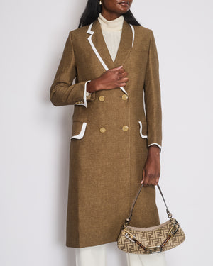 Fendi Khaki Double Breasted Coat with White Trim and Gold Button Detail Size IT 38 (UK 6)