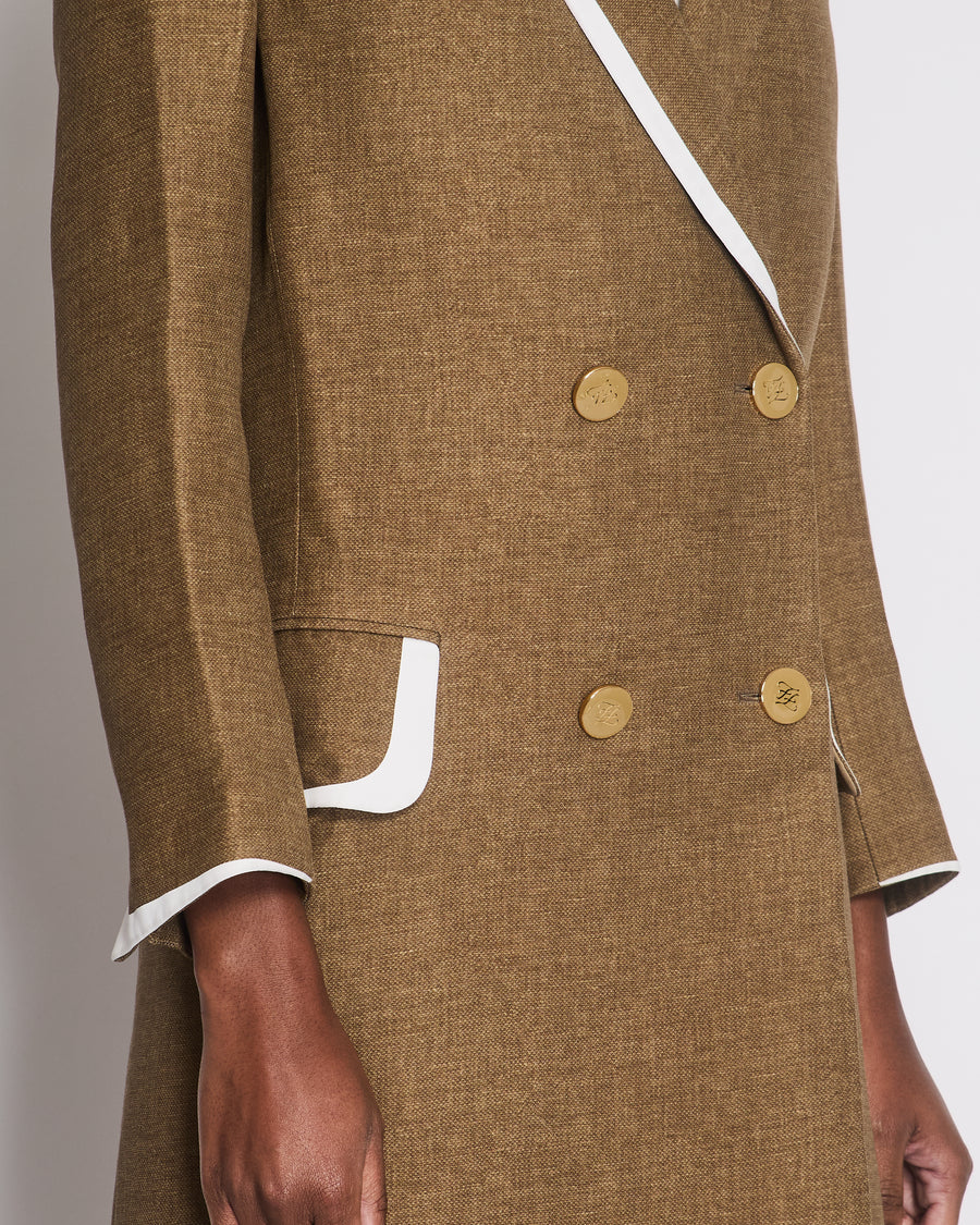 Fendi Khaki Double Breasted Coat with White Trim and Gold Button Detail Size IT 38 (UK 6)