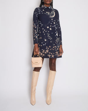 Valentino Navy Long Sleeve Star Embellished Beaded Dress with Collar Detail Size It 42 (UK 10)