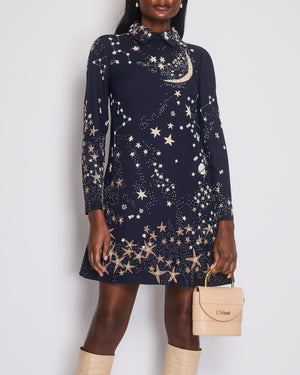 Valentino Navy Long Sleeve Star Embellished Beaded Dress with Collar Detail Size It 42 (UK 10)