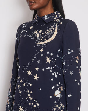 Valentino Navy Long Sleeve Star Embellished Beaded Dress with Collar Detail Size It 42 (UK 10)