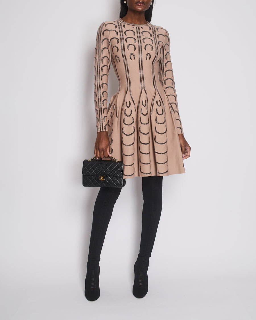 Alaïa Blush Long Sleeve Flared Midi Stretch Knit Dress with Black Half Circle Intarsia Size FR 40 (UK 12)