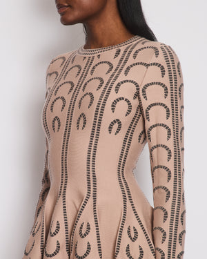 Alaïa Blush Long Sleeve Flared Midi Stretch Knit Dress with Black Half Circle Intarsia Size FR 40 (UK 12)