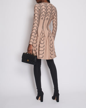 Alaïa Blush Long Sleeve Flared Midi Stretch Knit Dress with Black Half Circle Intarsia Size FR 40 (UK 12)