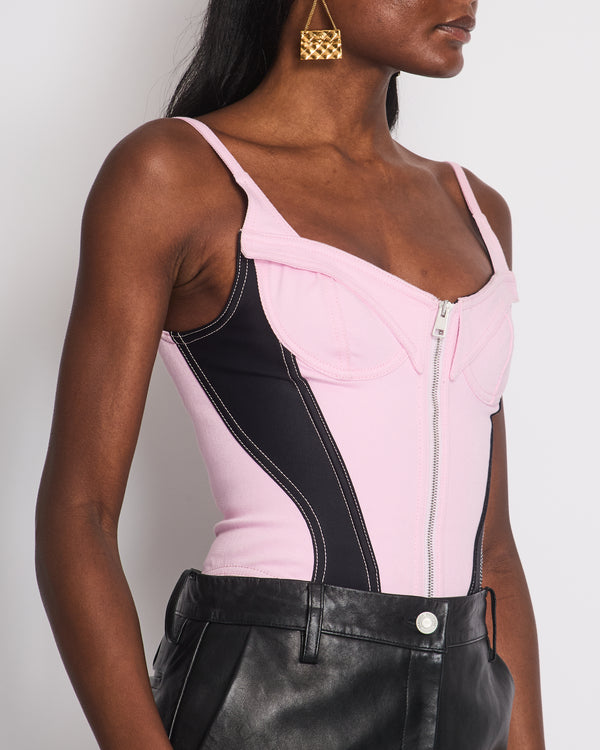 Mugler Pink Corseted Denim Panelled Bodysuit Size FR 36 (UK 8)