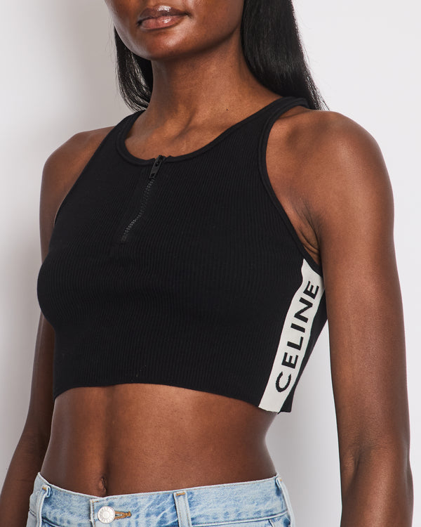 Celine Black Cropped Ribbed Tank Top with Logo and Zip Detail Size S (UK 8)