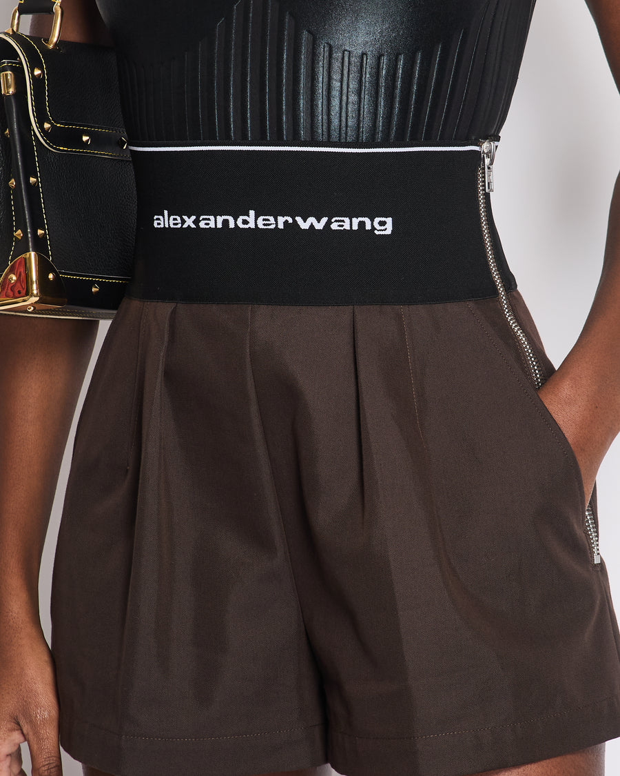 Alexander Wang Brown High Waist Elasticated Shorts with Logo Detail Size US 4 (UK 8)