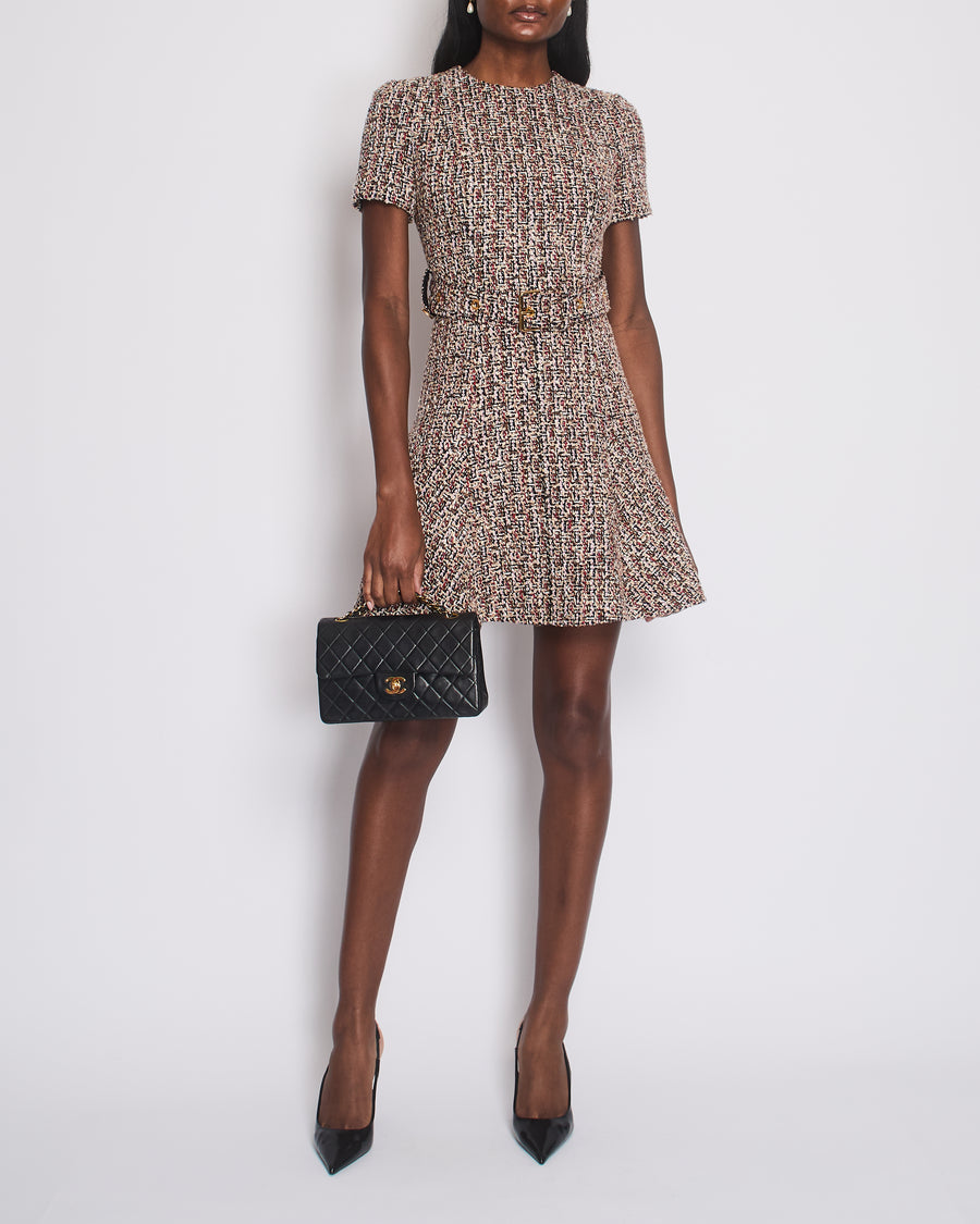 Louis Vuitton Tweed Multi-colour Mini Skater Dress with Self Fabric Belt Size FR 34 (UK 6)