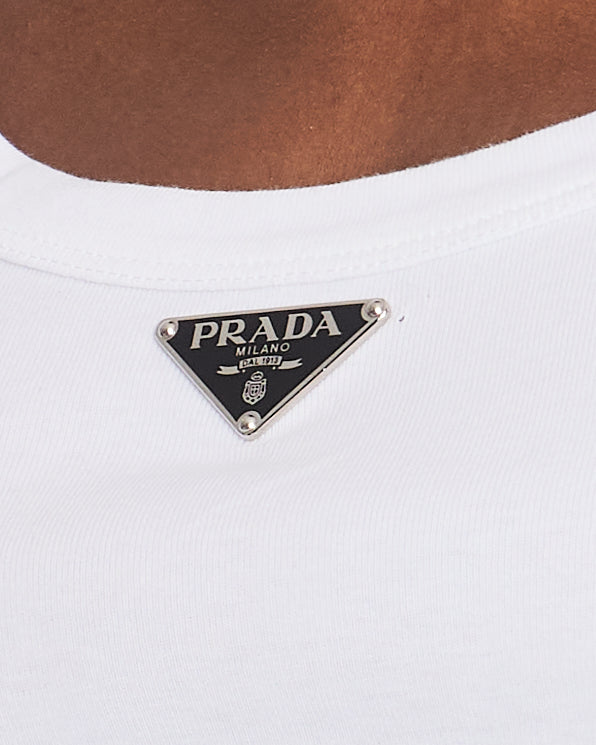 Prada White Cropped Cotton Vest Top With Black Metal Logo Detail Size IT 38 (UK 6) RRP £630