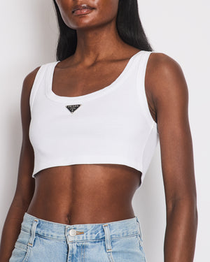 Prada White Cropped Cotton Vest Top With Black Metal Logo Detail Size IT 38 (UK 6) RRP £630