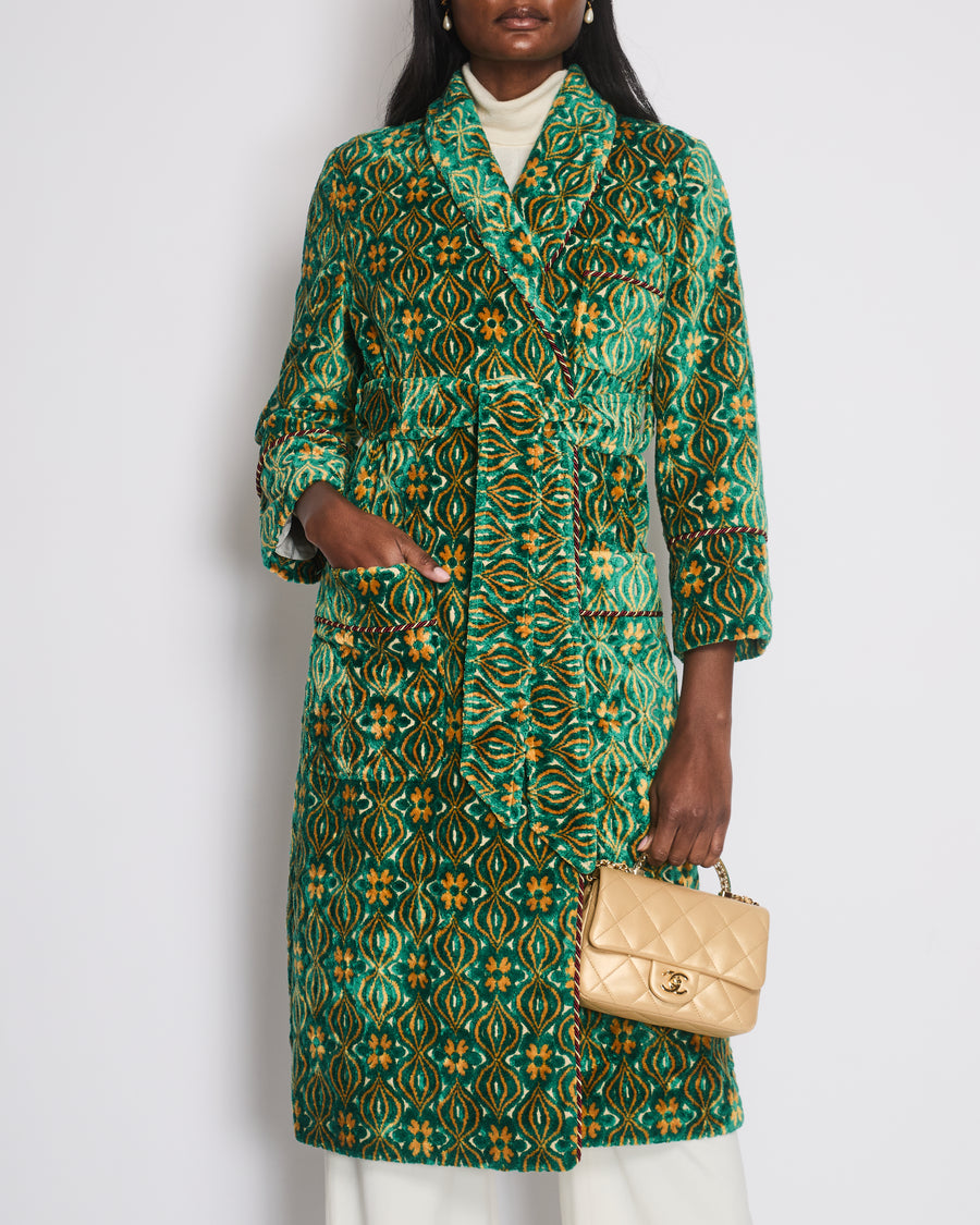 Gucci Long-Sleeve Green Velvet Robe with Multi Colour Floral Embellishment Detail Size IT 36 (UK 4)