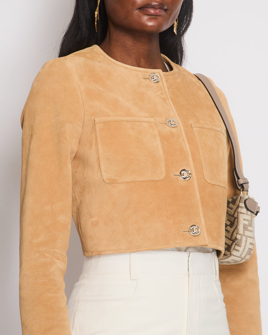 *SUPER HOT* Chanel Suede Sand Cropped Jacket With Silver Crystal Buttons FR 34 (UK 6)