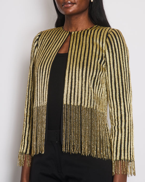 Oscar de la Renta Gold Stripe Embellished Silk Jacket With Fringe Detail Size 0 (UK 4)