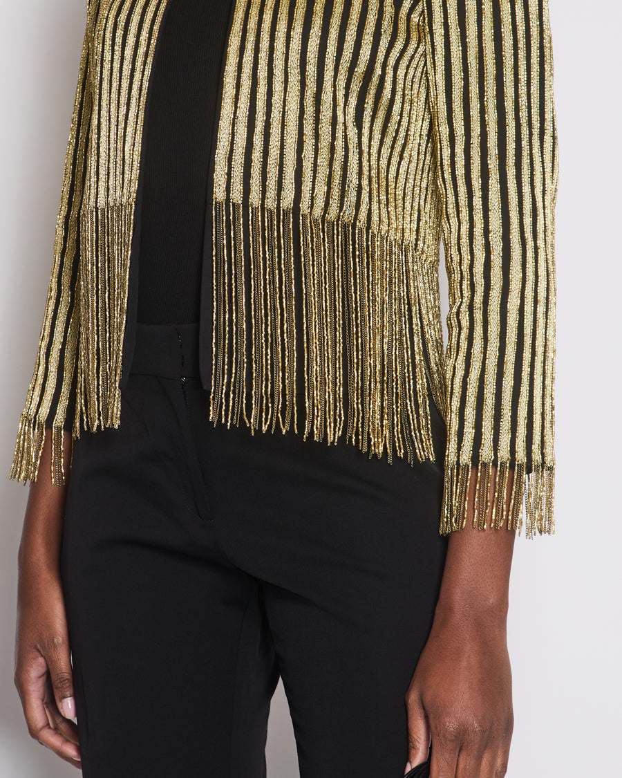 Oscar de la Renta Gold Stripe Embellished Silk Jacket With Fringe Detail Size 0 (UK 4)