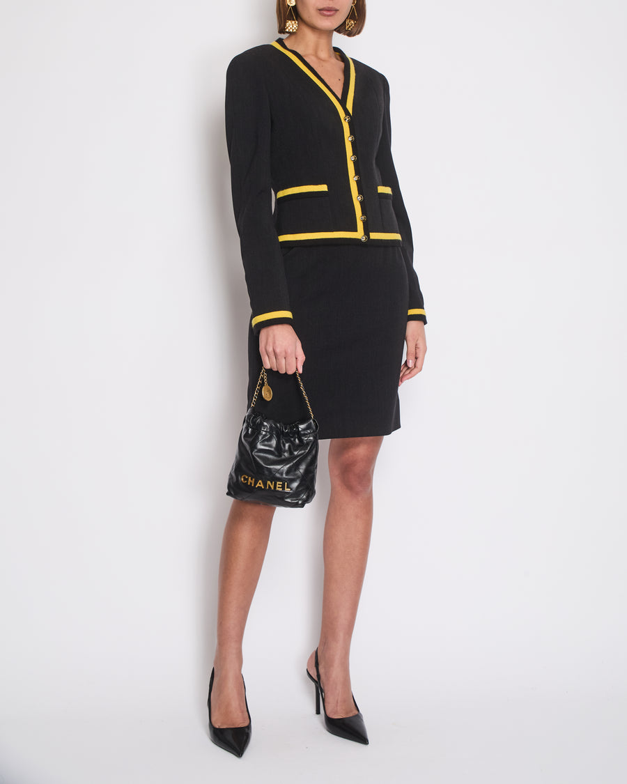 *HOT* Chanel 1994 Vintage Black and Yellow Wool Jacket & Midi Skirt Set with CC Logo Button Details Size FR 40 (UK 12)