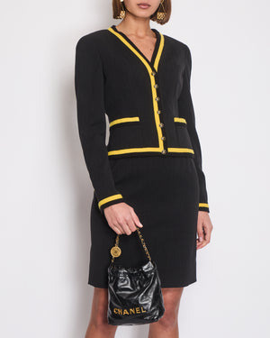 *HOT* Chanel 1994 Vintage Black and Yellow Wool Jacket & Midi Skirt Set with CC Logo Button Details Size FR 40 (UK 12)