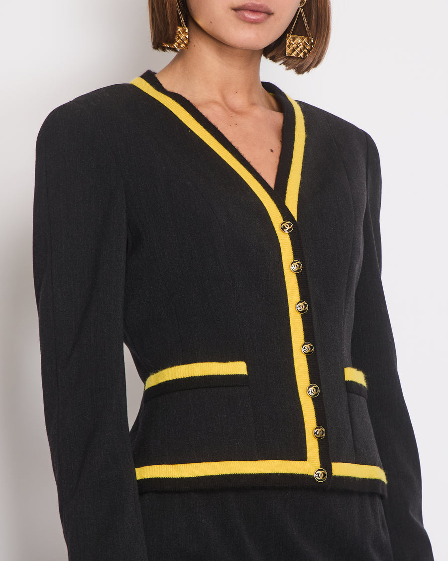 *HOT* Chanel 1994 Vintage Black and Yellow Wool Jacket & Midi Skirt Set with CC Logo Button Details Size FR 40 (UK 12)