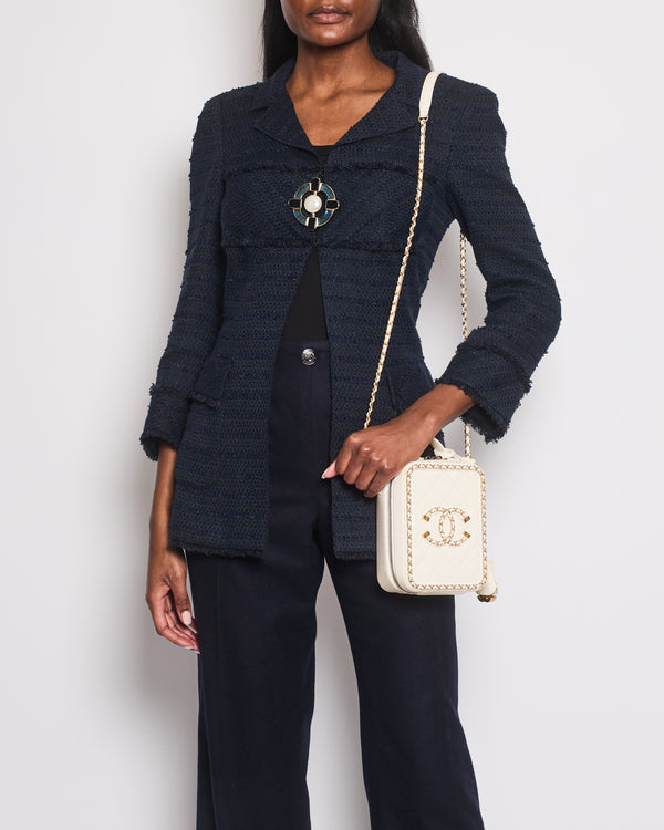 Chanel Paris Monte-Carlo Navy Tweed Long Jacket with Gripoix Pearl Details Size FR 38 (UK 10)