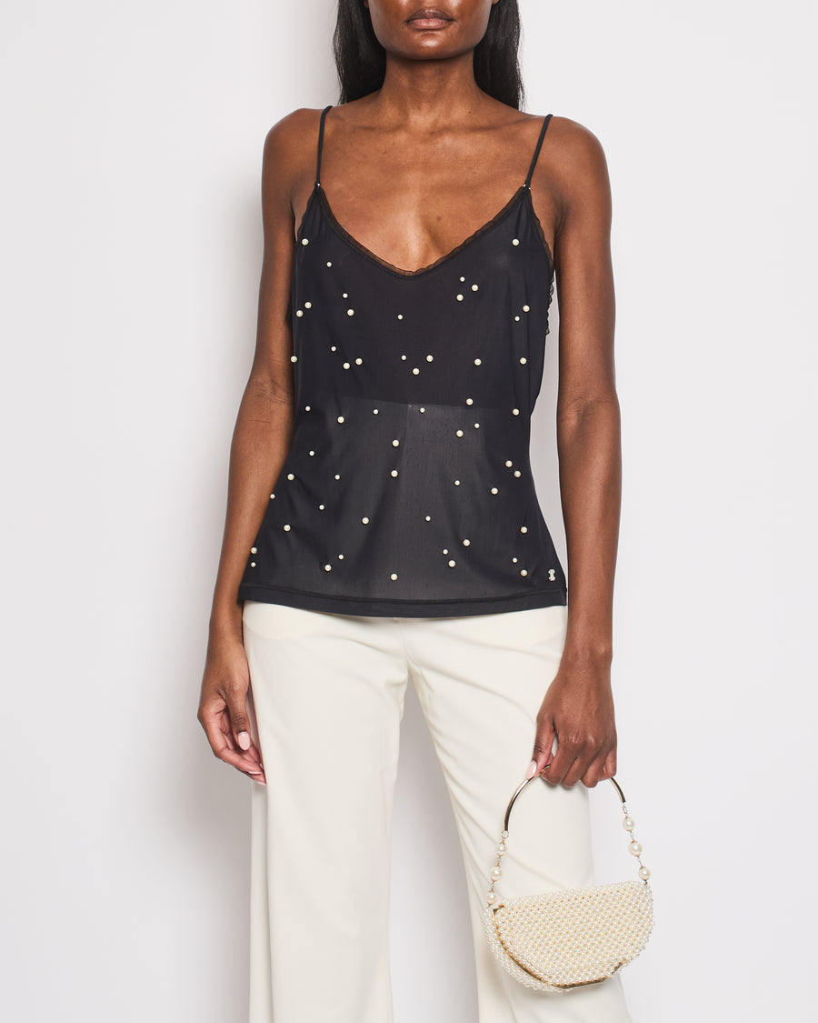 Chanel Black Tank Top with Pearl Embellishments and CC Logo Detail Size FR 38 (UK 10)