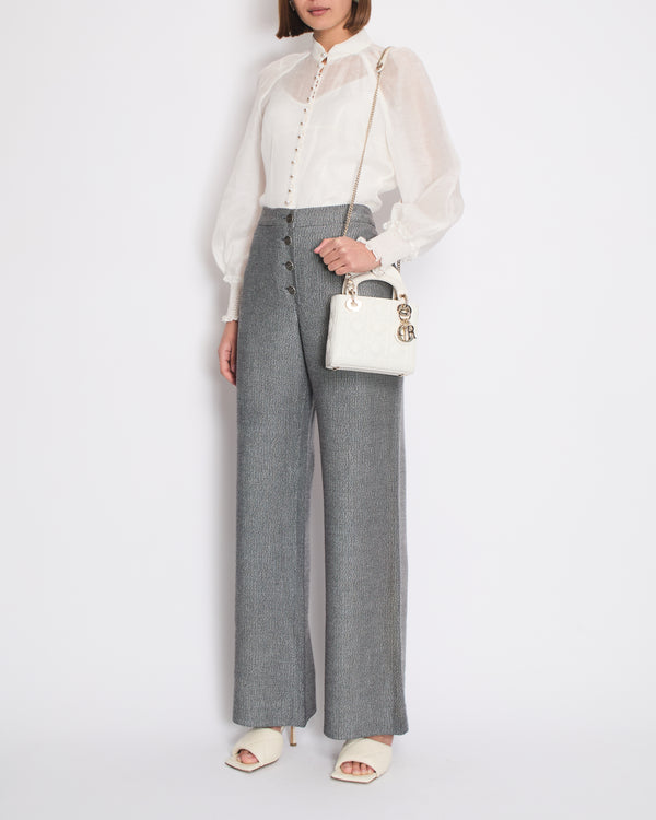 Chanel Grey Houndstooth Wide Leg Trousers with CC Logo Button Details Size FR 42 (UK 14)