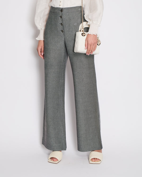 Chanel Grey Houndstooth Wide Leg Trousers with CC Logo Button Details Size FR 42 (UK 14)