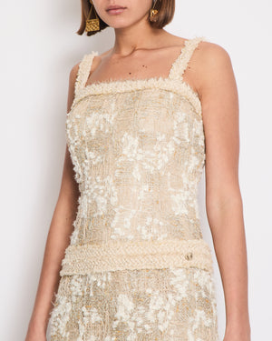 Chanel Gold, White Tweed Mini Dress with Shoulder Straps and Braided Appliqué Waist Belt Detail Size FR 36 (UK 8)