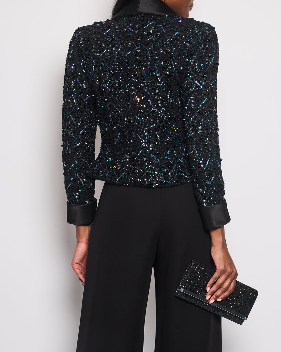 *HOT* Chanel Black and Blue Sequin Embellished Jacket with Satin Collar Detail Size FR 34 (UK 6)