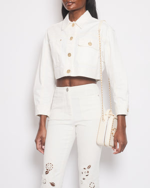 Zimmermann White Denim Cropped Jacket with Gold Button Details Size 0 (UK 6/8)