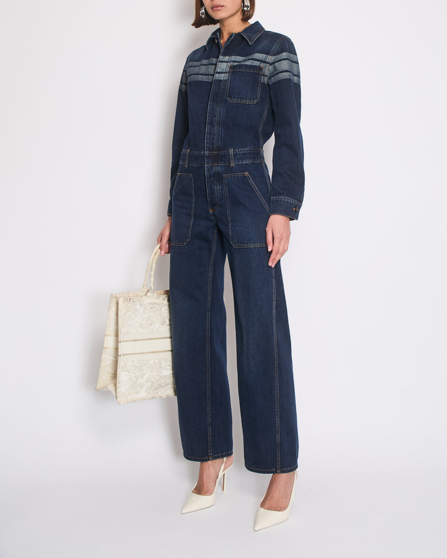 Christian Dior Dark Wash Long Sleeve Denim Jumpsuit with Stripe and Logo Detail Size FR 34 (UK 6)