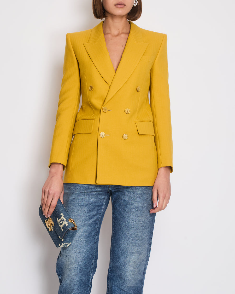 Saint Laurent Mustard Yellow Double Breasted Long Blazer FR 34 (UK 6)