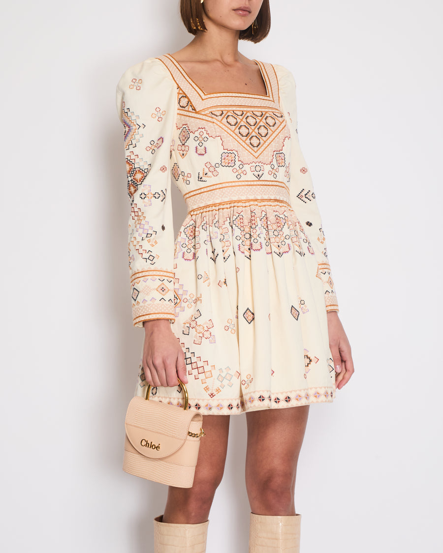 Ulla Johnson Cream Long Sleeve Mini Dress with Multi-Colour Cross Stitch Detail Size UK 8