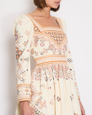 Ulla Johnson Cream Long Sleeve Mini Dress with Multi-Colour Cross Stitch Detail Size UK 8