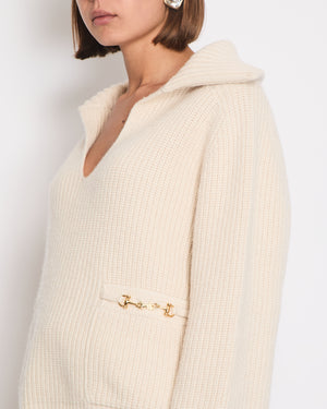 Celine Cream Cashmere Knitted Jumper with Gold Horse-bit Details Size S (UK 8)