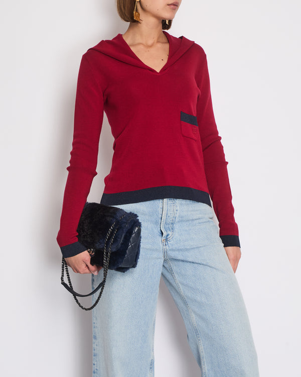 Chanel Deep Red Hooded Knit Jumper with Navy Trim and Small Patch Pocket Detail Size FR 40 (UK 12)