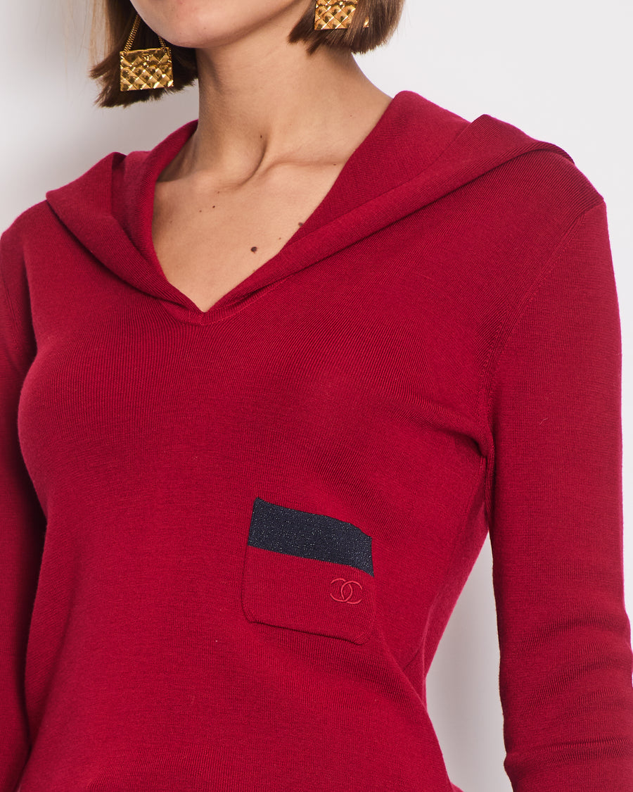 Chanel Deep Red Hooded Knit Jumper with Navy Trim and Small Patch Pocket Detail Size FR 40 (UK 12)