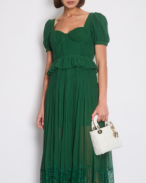 Self-Portrait Green Short Sleeve Pleated Midi Dress Size UK 8 (US 4)