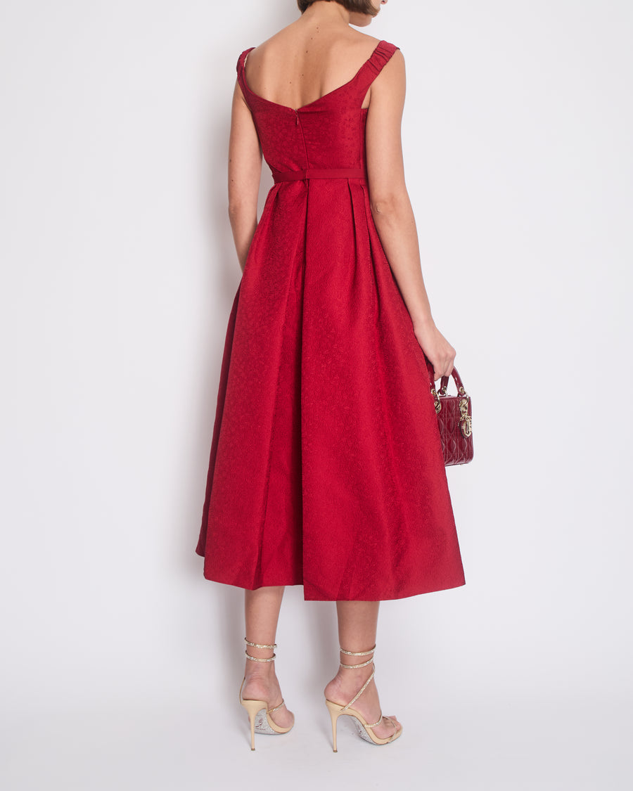 Self-Portrait Red Strap Pleated Midi Dress with Belt Detail Size UK 8 (US 4)