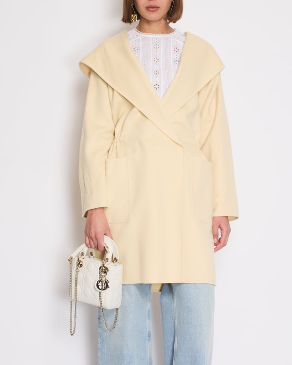 Max Mara Pale Yellow Hooded Wool Coat With Drawstring Waist Detail Size IT 42 (UK 10)