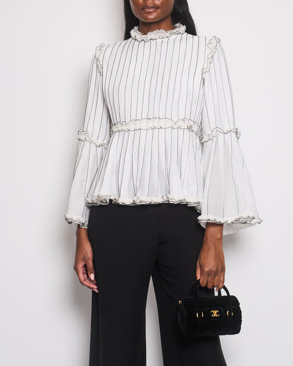 Chanel Spring 2017 White Silk Striped Ruffle Long-Sleeve Top  Velcro Back Detail Size FR 36 (UK 8)