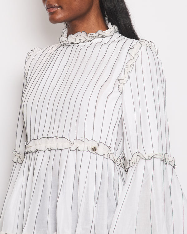 Chanel Spring 2017 White Silk Striped Ruffle Long-Sleeve Top  Velcro Back Detail Size FR 36 (UK 8)