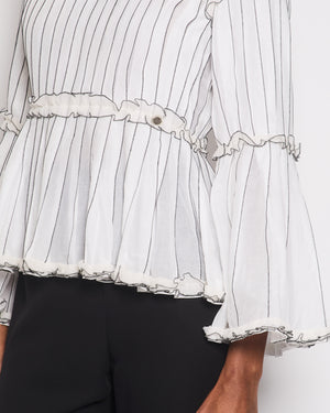 Chanel Spring 2017 White Silk Striped Ruffle Long-Sleeve Top  Velcro Back Detail Size FR 36 (UK 8)