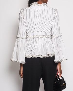 Chanel Spring 2017 White Silk Striped Ruffle Long-Sleeve Top  Velcro Back Detail Size FR 36 (UK 8)