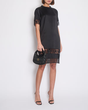 Givenchy Black Short Sleeve Silk Midi Dress with Lace Trim Detail Size FR 38 (UK 10)