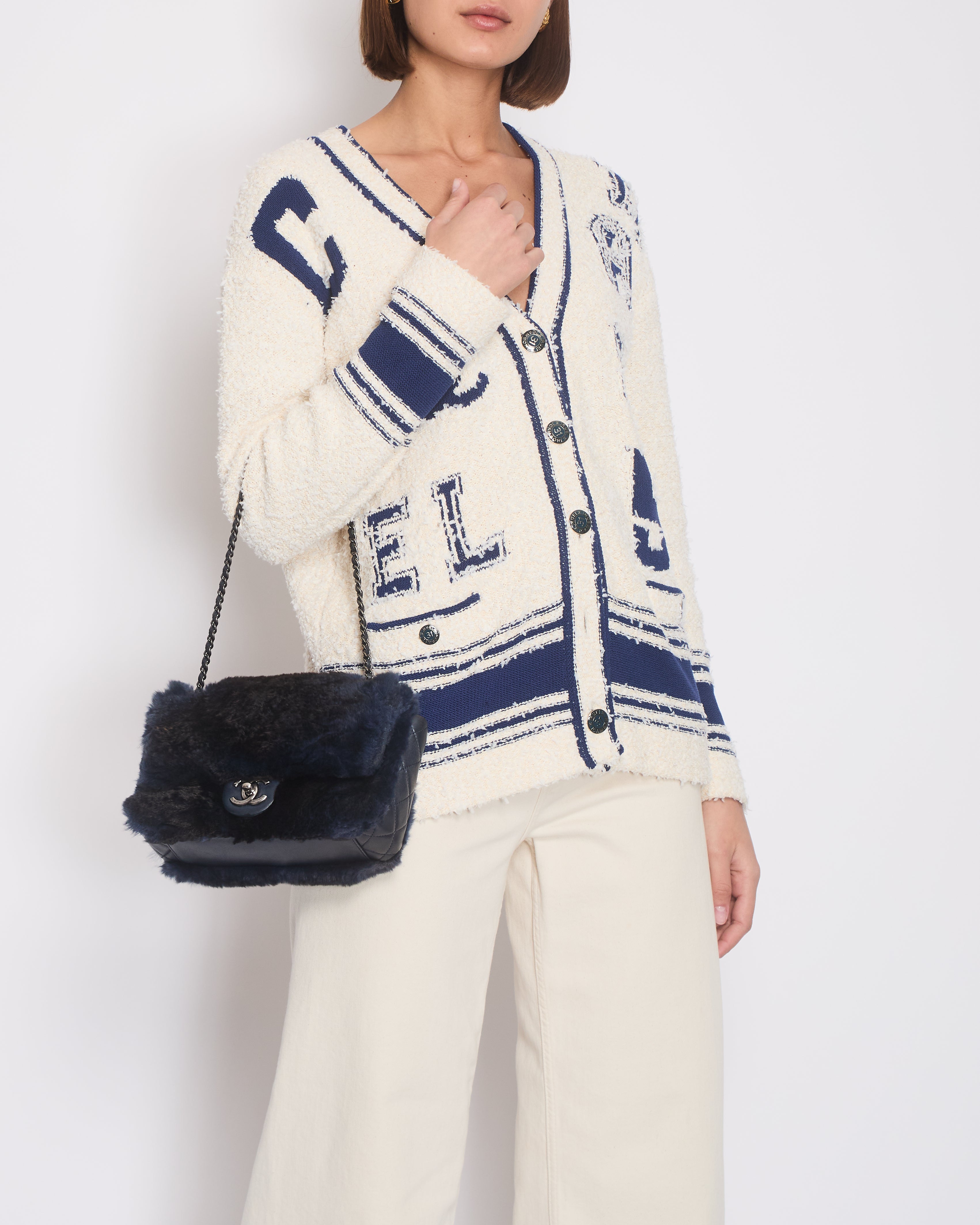 Chanel White Blue Varsity Style Cardigan with 31 Logo Buttons Detai Sellier