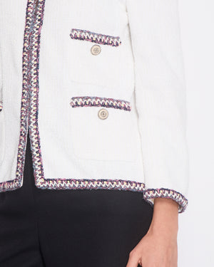 Chanel White Tweed Jacket with Blue and Pink Trim Details and CC Buttons Size FR 36 (UK 8)